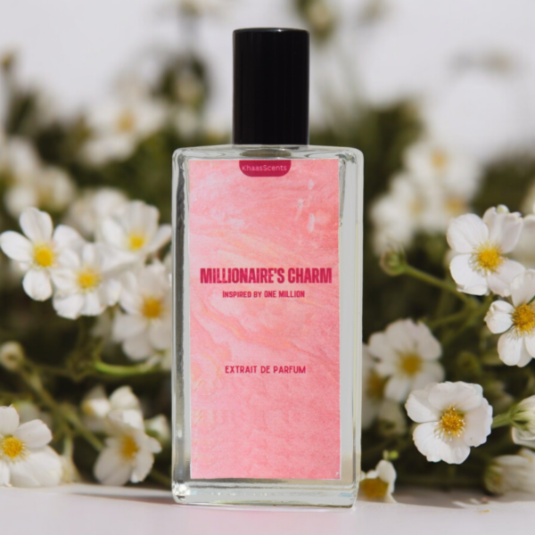 A Perfume named Millionaire's Charm placed on a Table with the background of White flowers