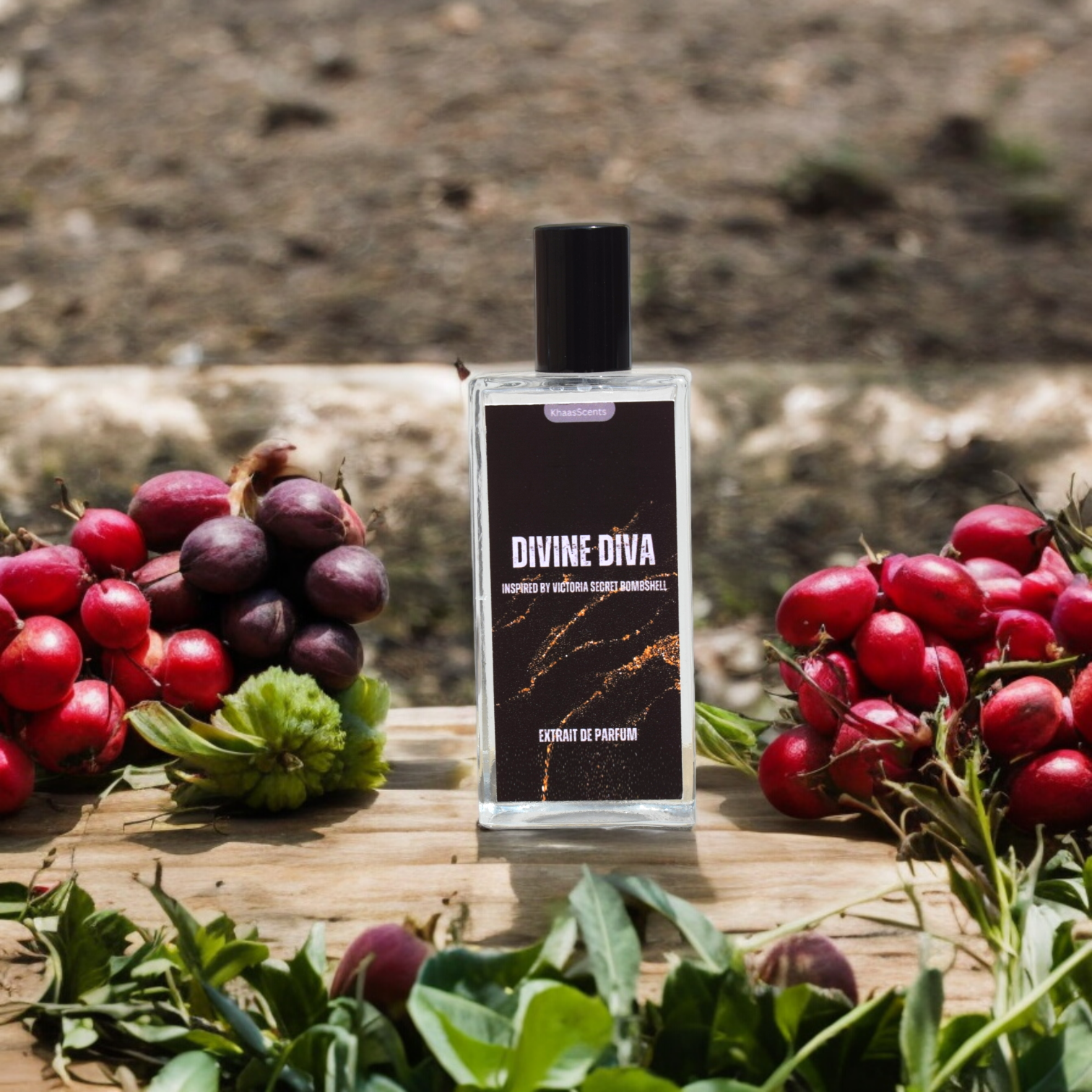 A perfume named "Divine Diva" is placed on a Wooden Tree like stand with background of wall and grapes.