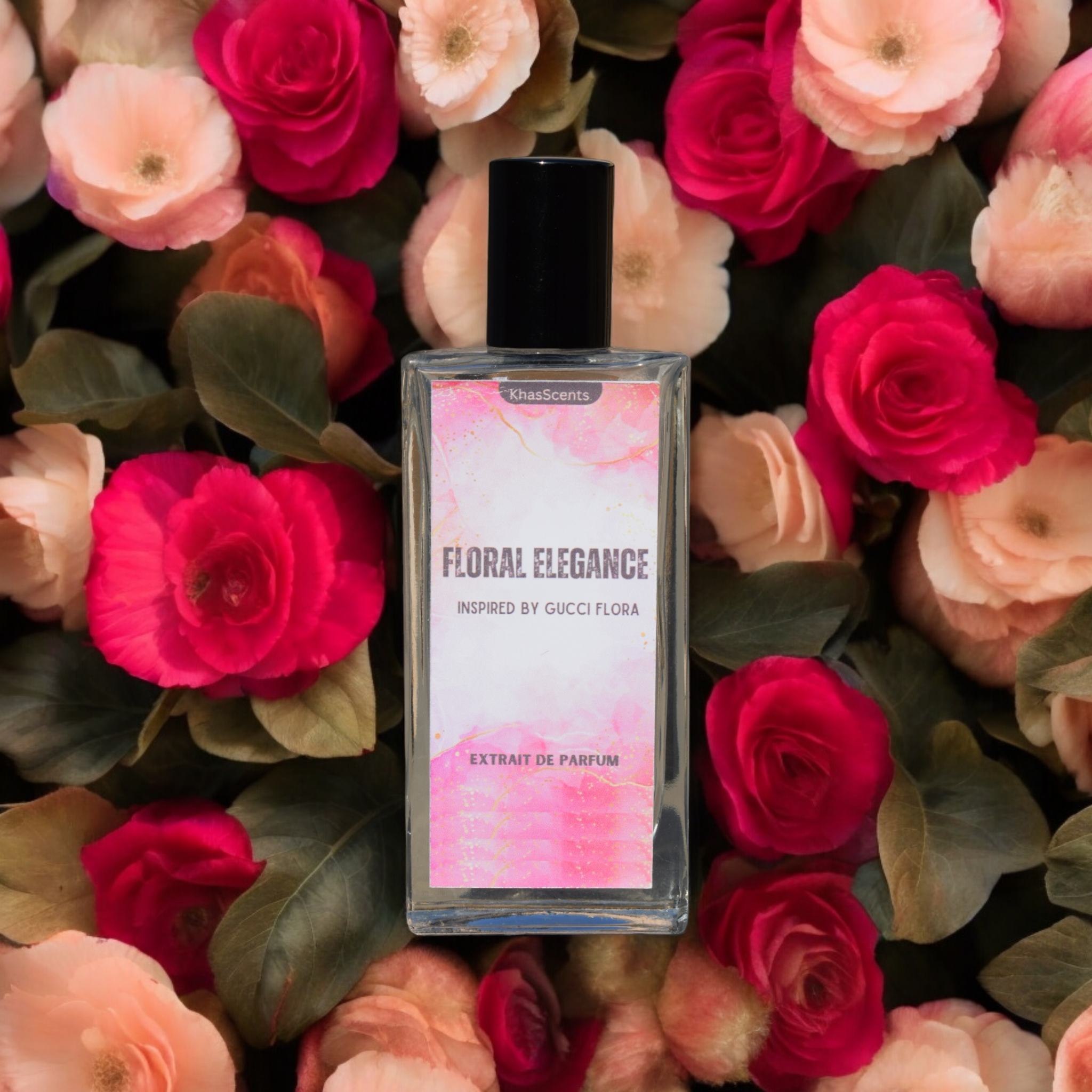 A Perfume named "Faloral Elegance" is laying on the flowers